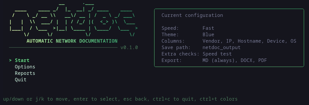 netdoc terminal UI: main menu and current configuration
